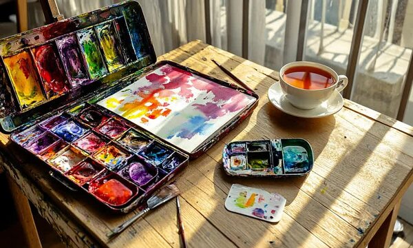 Watercolor painting set with colorful palette and brush arranged neatly on artist desk.