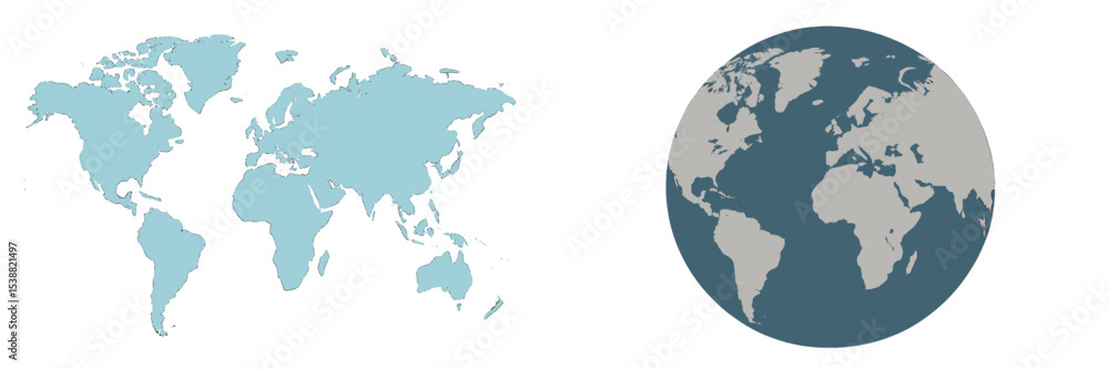 Aufkleber world map representations featuring a flat design and a three-dimensional globe model