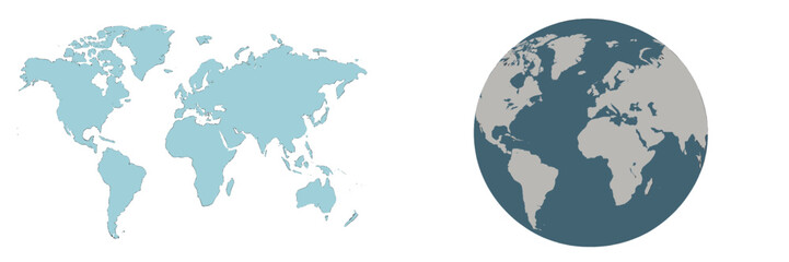 World map representations featuring a flat design and a three-dimensional globe model
