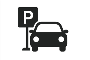 Black silhouette illustration of a parked car next to a parking sign in a minimalistic design setting