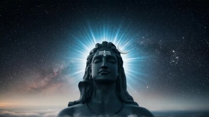 Majestic Adiyogi Shiva statue against a celestial backdrop of stars and divine energy