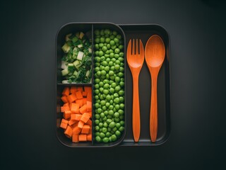 Black Bento Box with Carrots Peas and Cucumber Wooden Utensils