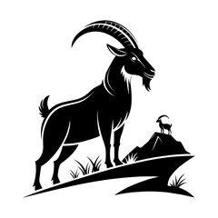 Majestic Ibex Silhouette on Rocky Terrain, black and white mountain goat