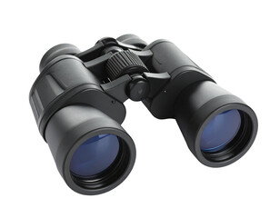 Black binoculars isolated on white background, optical tool for outdoor and wildlife observation.