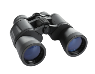 Black binoculars isolated on white background, optical tool for outdoor and wildlife observation.