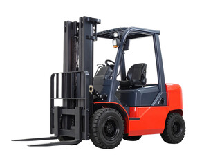Red forklift truck isolated on white, industrial vehicle for lifting and moving heavy loads.