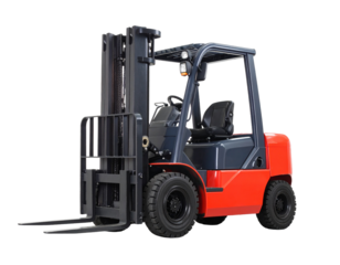 Red forklift truck isolated on white, industrial vehicle for lifting and moving heavy loads.