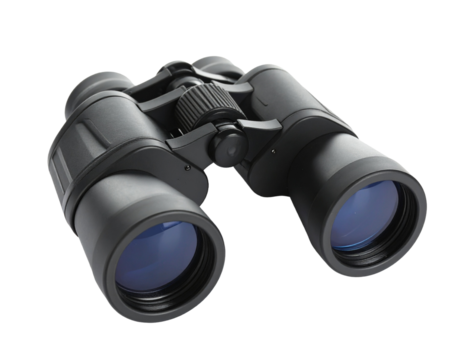 Black binoculars isolated on white background, optical tool for outdoor and wildlife observation.