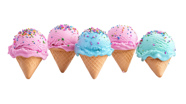 Cute ice cream parlor menu with pastel scoops and sprinkles Transparent background, PNG file