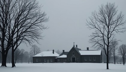 A winter scene of a rustic building nestled amongst bare trees.