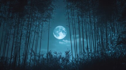 Ethereal Moonlight Illuminates Bamboo Forest Under Night Sky with Clouds and Mystical Atmosphere