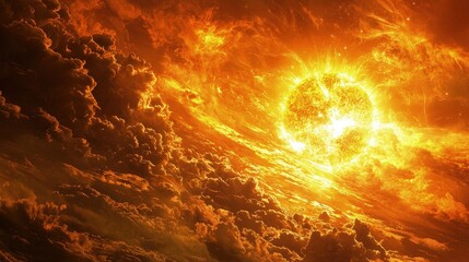 Fiery celestial body surrounded by dramatic clouds.