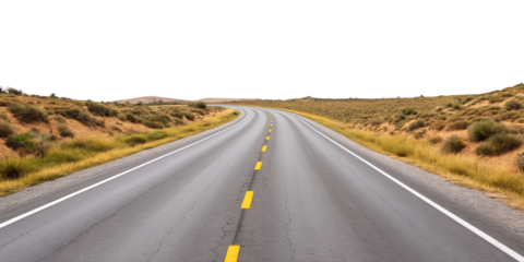 Winding Asphalt Road Through Scenic Landscape with Lush Greenery and Glistening Yellow Lines, Isolated on Transparent and White Background