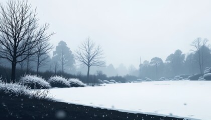 A winter landscape with frosted bushes on a frozen lake.