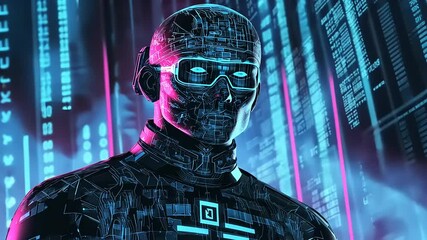 Futuristic humanoid figure in a digital landscape, surrounded by glowing data streams and technology - Powered by Adobe