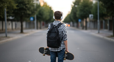 Teenager with Skateboards Walking Down Empty Street

