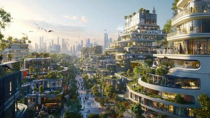 Futuristic Urban Landscape with Green Architecture and Sustainable Design Elements Under a Bright Sky