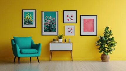 Artistic wall gallery in a dopamine decor theme with mixed media art