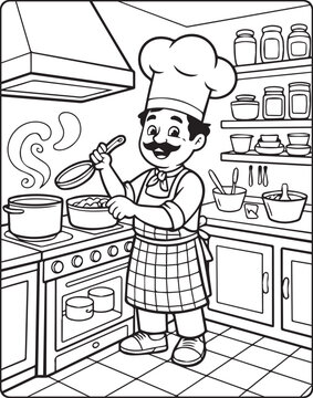 Naklejki A happy chef making foods in the kitchen outline vector for children coloring page design