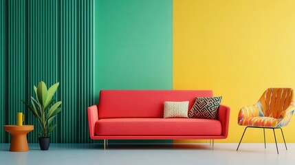 Colorful dopamine-inspired living room with bold patterns and vibrant furniture