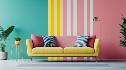 Colorful dopamine-inspired living room with bold patterns and vibrant furniture