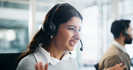 Frustrated, call center and woman in office, help desk and communication with customer service....