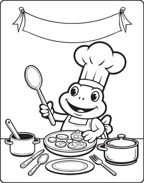 Naklejki A cute frog chef making foods in the kitchen outline vector for children coloring page design