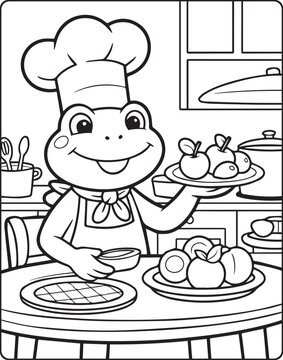Naklejki A cute frog chef making foods in the kitchen outline vector for children coloring page design