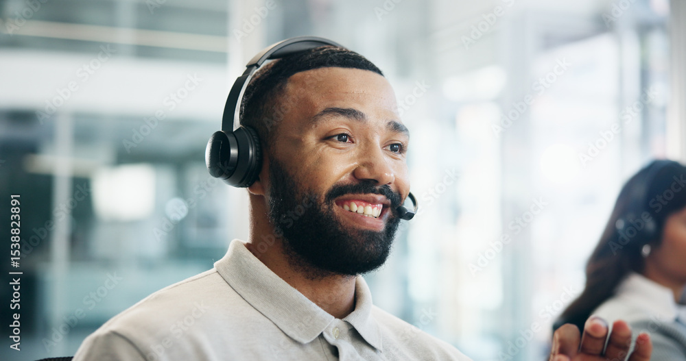 Poster headset, smile and solution with man in call center for assistance, feedback or virtual help. contac