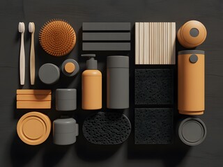 Flatlay Orange Gray Bathroom Products Dark Background