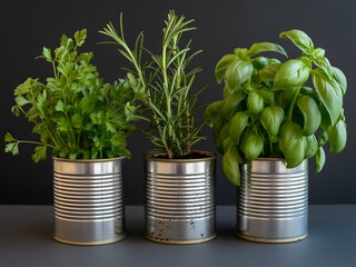 Fresh Parsley Rosemary Basil Herbs in Silver Cans fresh herbs