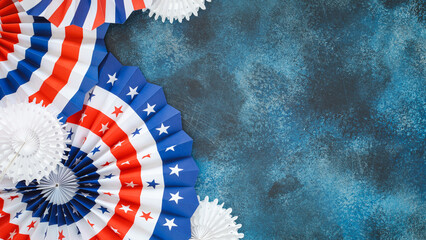 Patriotic Paper Fans In Red White Blue On Textured Blue Background For 4th Of July Celebration....