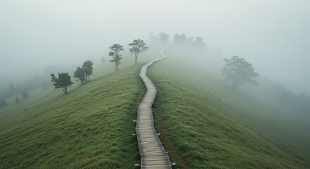 A wooden pathway winding through a foggy green landscape with trees in the distance on a cloudy day