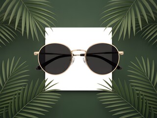Gold Frame Round Sunglasses Dark Lenses Green Palm Leaves