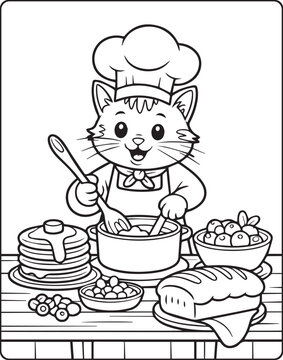 Naklejki A cute cat chef making foods in the kitchen outline vector for children coloring page design