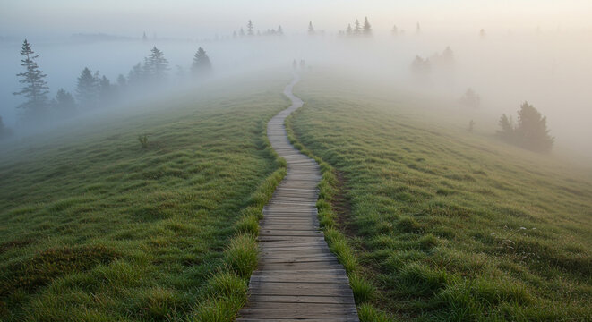A wooden path winds through a grassy field shrouded in a thick fog with trees visible in the distance