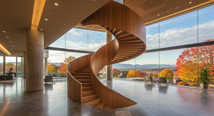 Fototapeta premium Interior view of a modern building with a spiral staircase and large windows overlooking autumn foliage