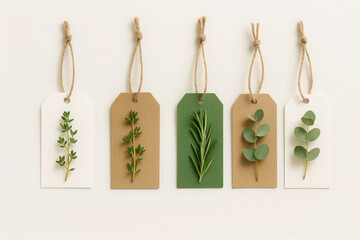 A minimalistic and natural-themed flat lay composition featuring five gift tags hanging on a white background