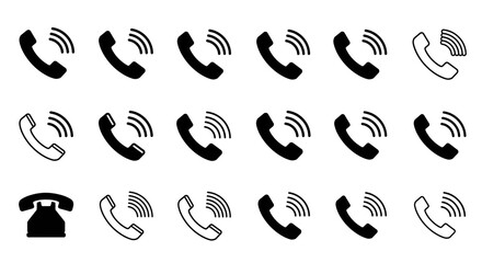 A grid of telephone receiver icons in black and white with a vintage telephone in the bottom left