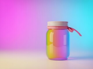 Iridescent Glass Jar Pink Ribbon White Lid Pastel Background
