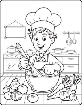 Naklejki A cute chef making foods in the kitchen outline vector for children coloring page design