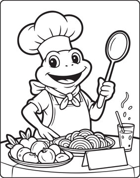 Naklejki A cute frog chef making foods in the kitchen outline vector for children coloring page design