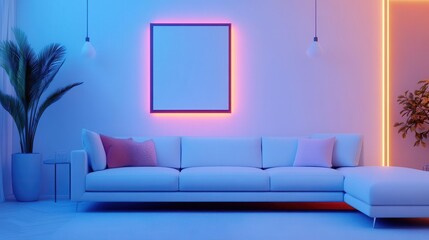 Mood-enhancing dopamine decor in a futuristic smart home living room