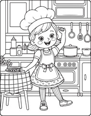 A cute girl chef making foods in the kitchen outline vector for children coloring page design