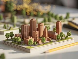 Miniature Cityscape Model Brown Buildings Green Trees
