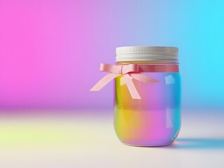Iridescent Mason Jar with Pink Ribbon Bow on Gradient Background