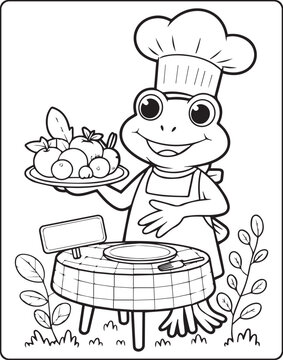 Naklejki A cute frog chef making foods in the kitchen outline vector for children coloring page design