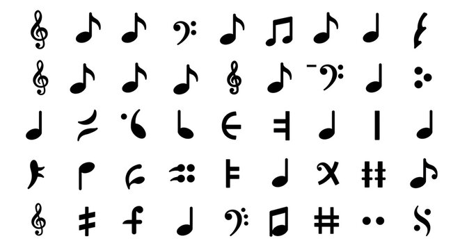 A collection of different musical notes and symbols arranged in a grid pattern on a white background