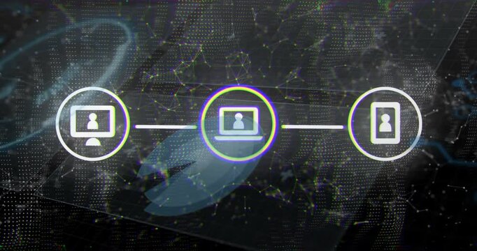 Digital globe swirling, icons appearing, connecting, pulsing, showing device chain in network