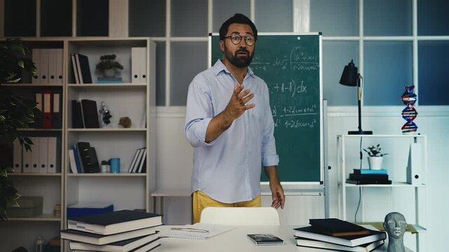 Annoyed math teacher scolding students for misbehavior during class, discipline